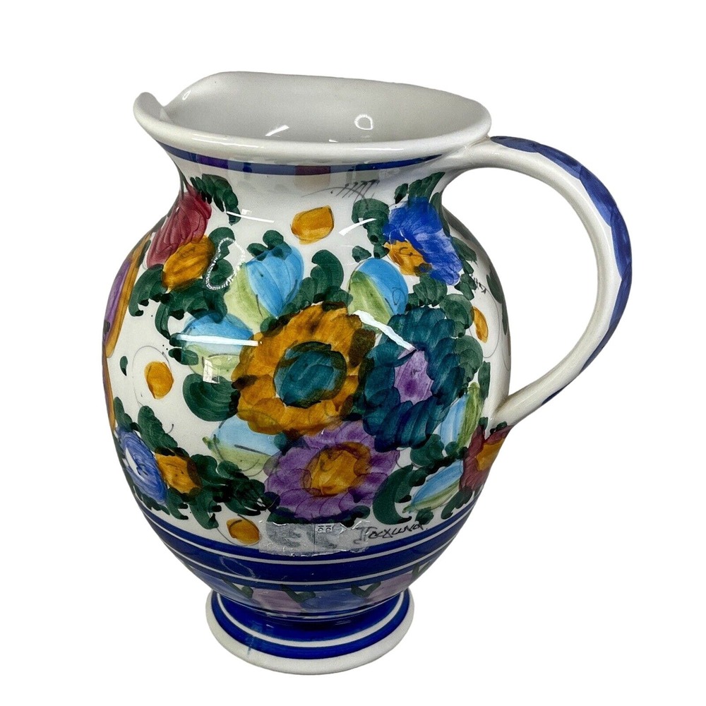 Pottery Pitcher Terra Chroma GR colorful handmade 8" tall blue orange purple